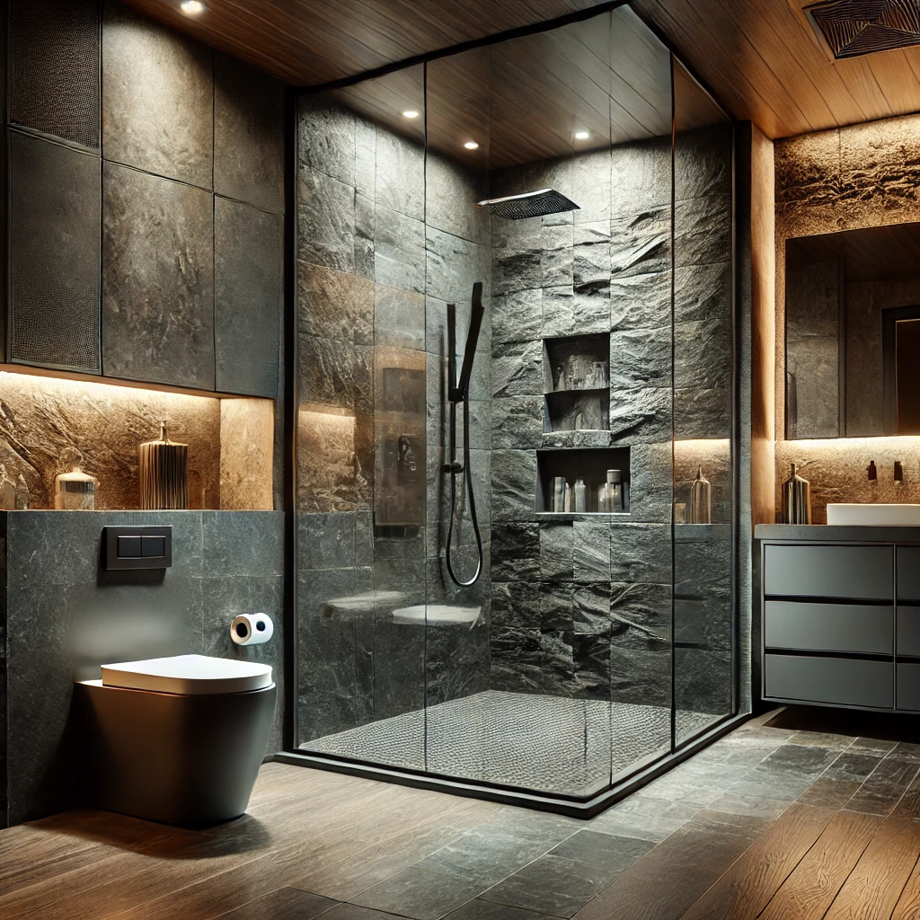 Design inspiration render of a warm-toned travertine bathroom suite