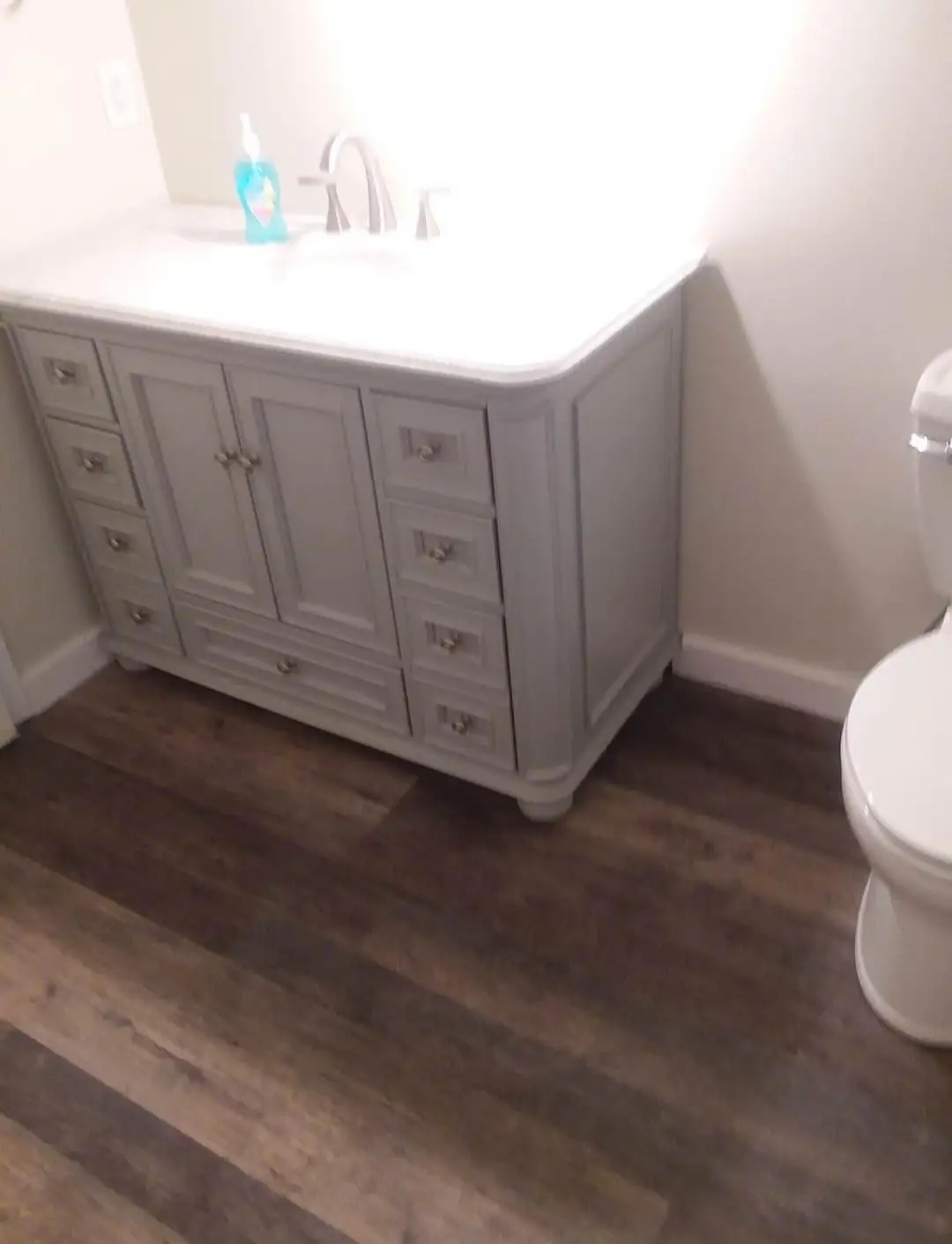 Finished bathroom with new gray vanity, quartz top, and plank flooring